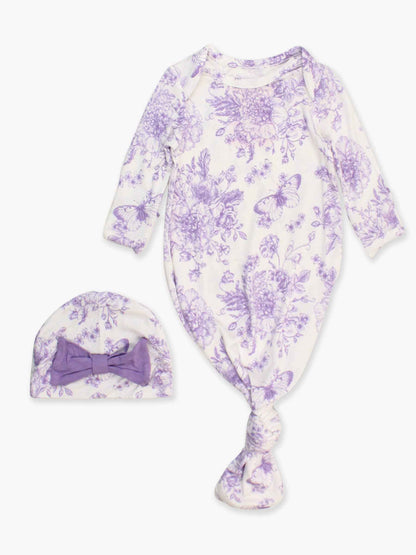 SoftSnooze™ Baby Girls Bamboo Viscose Wisteria Purple Butterfly Garden Toile Ruffle Knotted Sleep Gown & Bow Hat Set: Purple / Newborn-3m