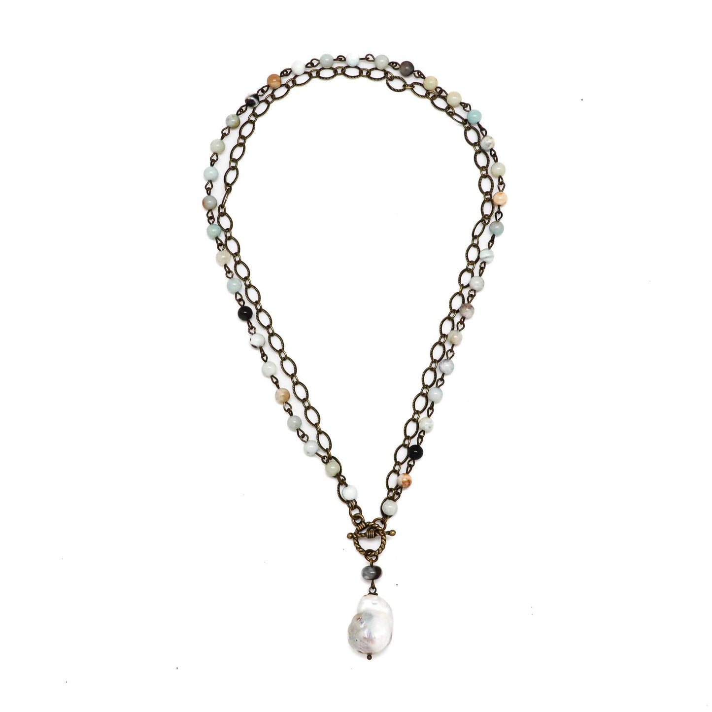 Necklace Amazonite Rosary Antique Gold w/Baroque Pearl36”