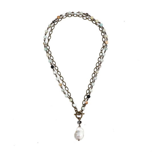 Necklace Amazonite Rosary Antique Gold w/Baroque Pearl36”