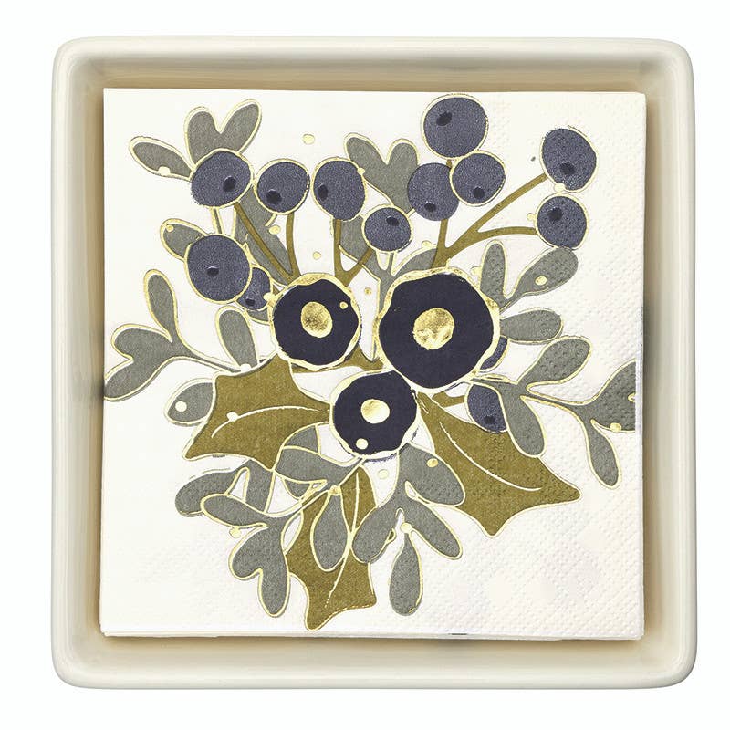 Ceramic Napkin Tray + Napkins - Holly