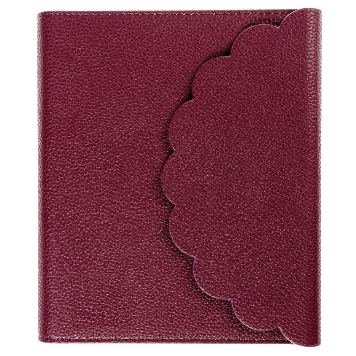 Burgundy Vegan Leather Wrap Journal, A burgundy vegan leather wrap journal with a scalloped flap and pebbled texture, shown open with its spiral insert and pen loop.