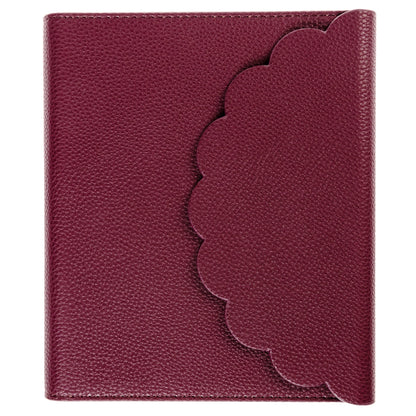 Burgundy Vegan Leather Wrap Journal, A burgundy vegan leather wrap journal with a scalloped flap and pebbled texture, shown open with its spiral insert and pen loop.