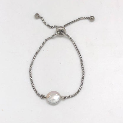 Bracelet Drawstring Coin Pearl Silver (Stainless Steel)
