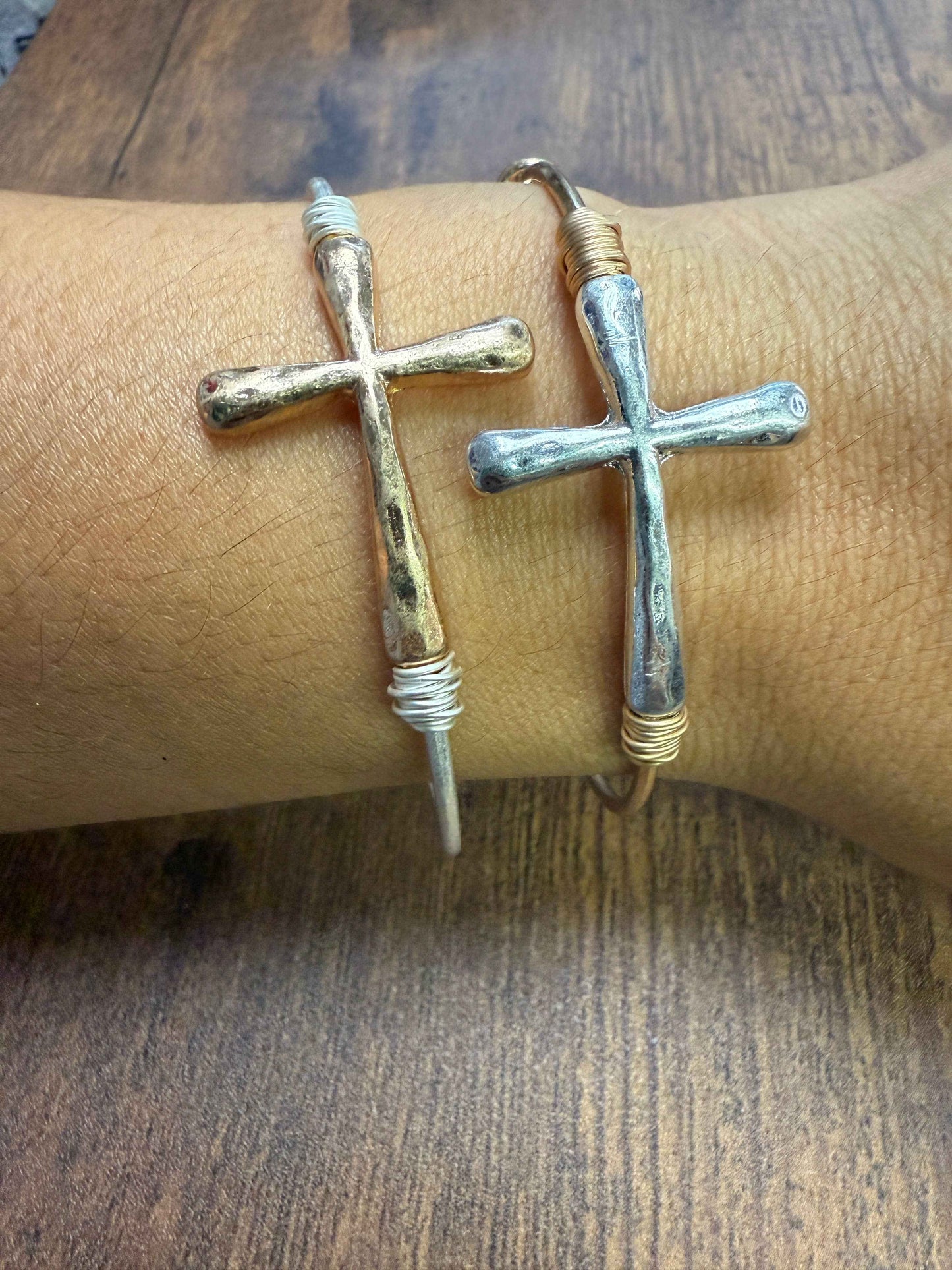 Two-tone Wire Wrapped Cross Bangle Bracelet