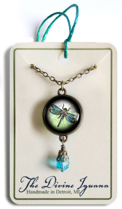 Dragonfly Vintage Inspired Glass Cabochon Necklace w/Bead