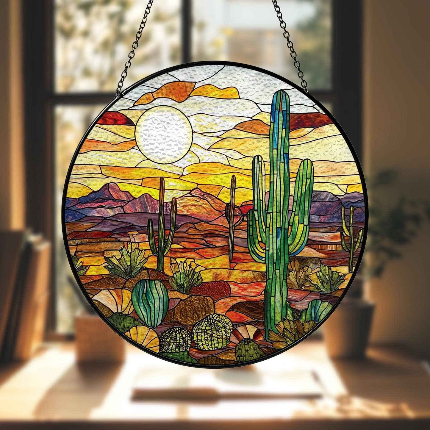 Cactus Landscape Stained Glass Suncatcher, Sunset Ornament