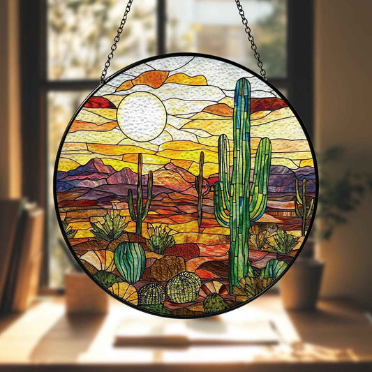 Cactus Landscape Stained Glass Suncatcher, Sunset Ornament
