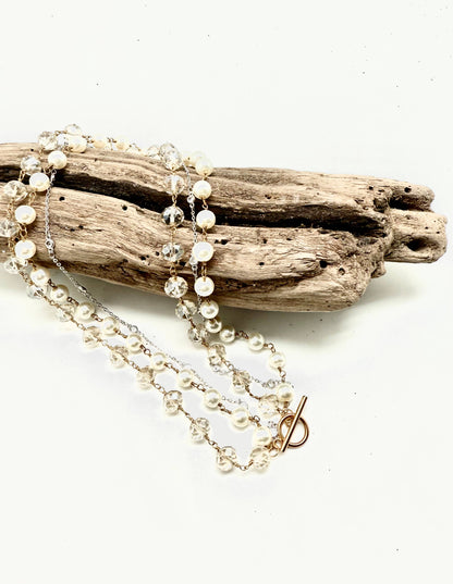 Necklace Glass, Pearl Bead,Stainless Steel Glass Bead18”