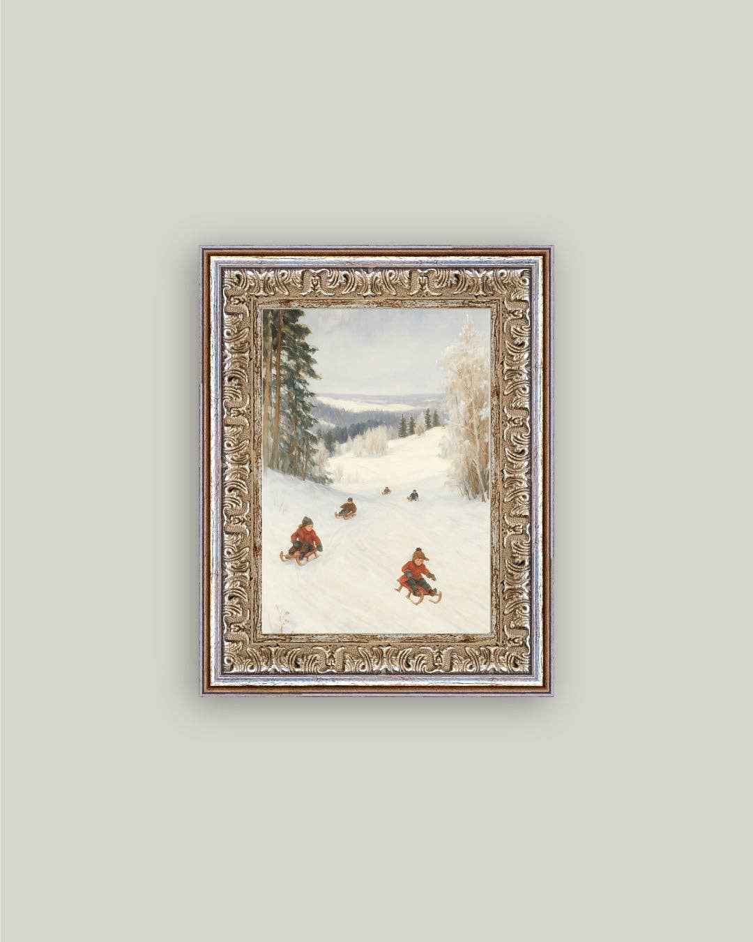 Sledding Hill Framed Antique Art
