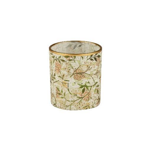 Glass tealight holder, green and pink floral 3.5in