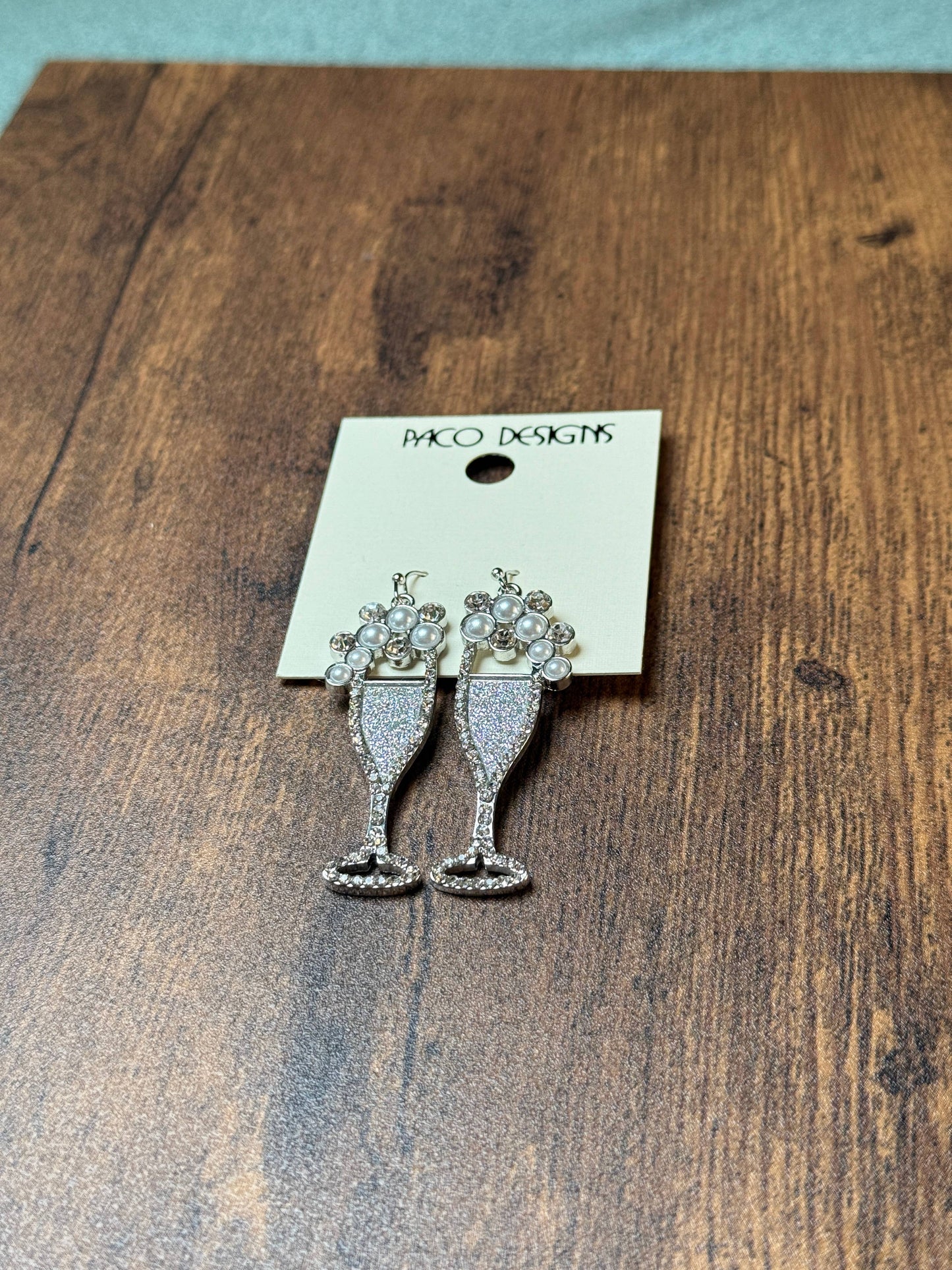 Sparkly Silver Champagne Flute Earrings with Pearls