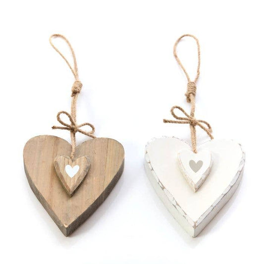 Rustic Fir Wood Chunky Hanging Double Heart 2 Assorted Colors