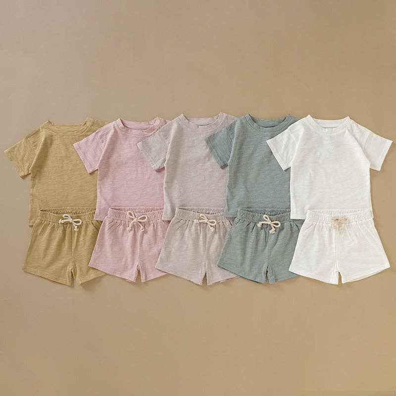 Kids Organic Cotton Short Sleeve Set Cute Casual Style: 35# Camel / 18-24M