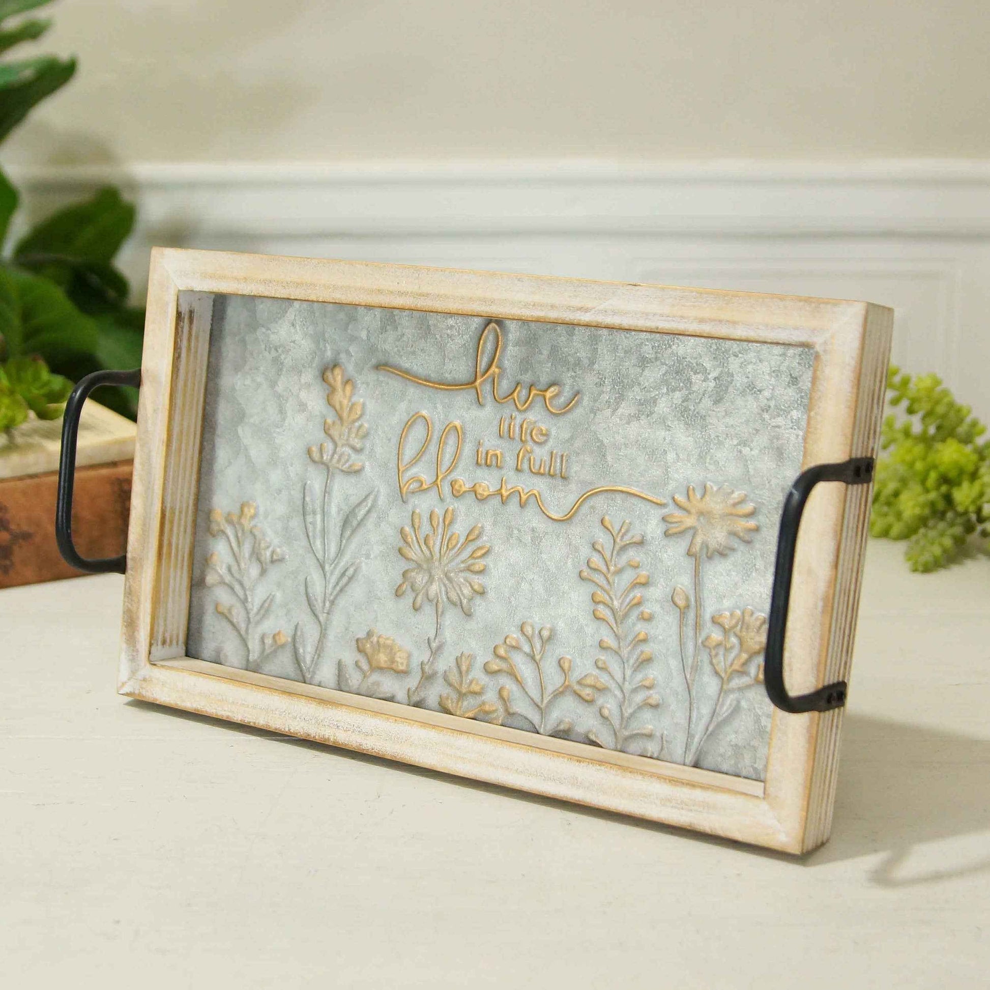 Metal Embossed Tray Wood "Live Life in Full Bloom"
