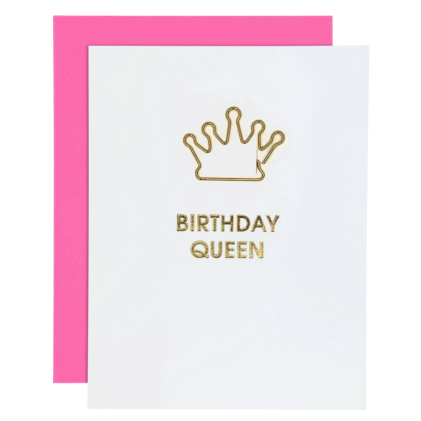 Tarjeta tipográfica con clip de papel y corona de la Reina del cumpleaños