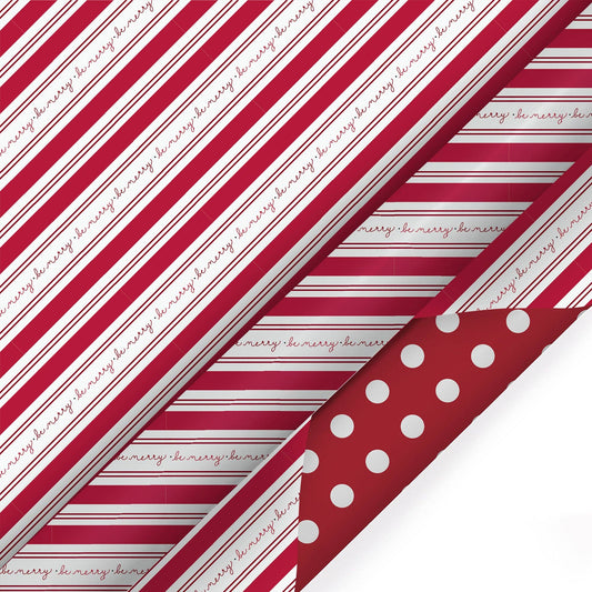 30" x 10' Holiday Reversible Wrapping Paper | Be Merry Candy Stripe/White Polka Dot on Red