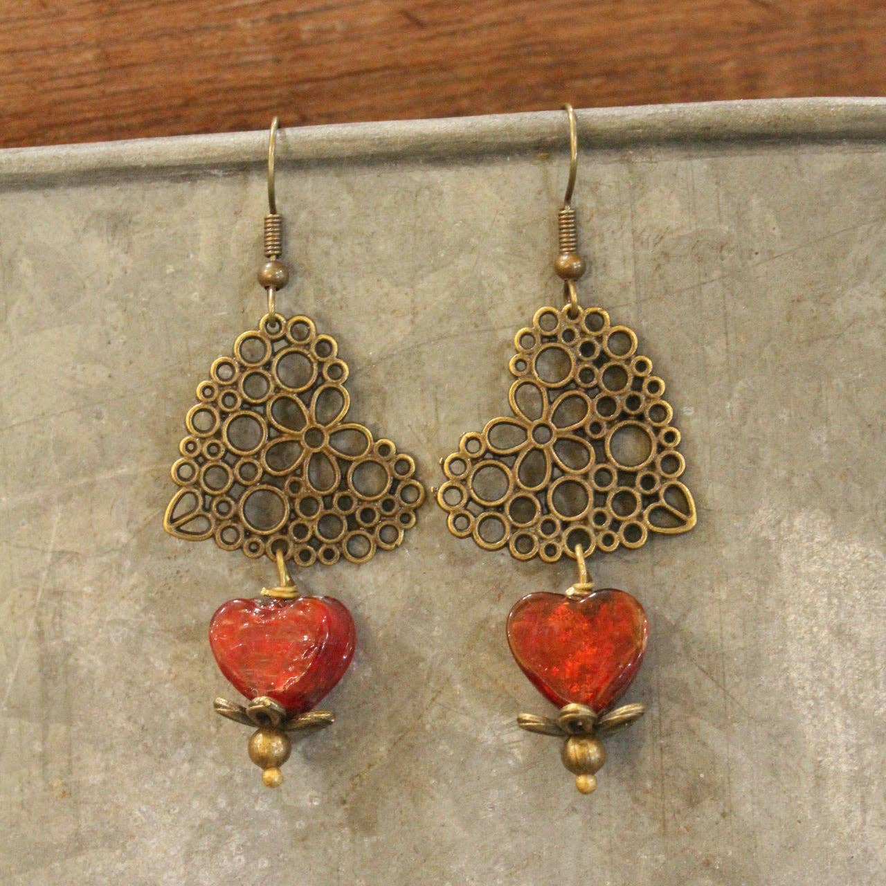 Filigree Hearts & Red Czech Bead Earrings
