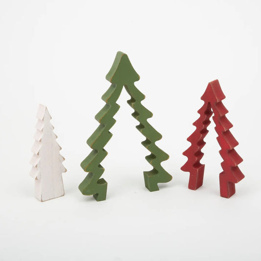 Adorno Navideño de Madera Anidable Verde, Rojo y Blanco con Forma de Árbol - 24 cm de Alto