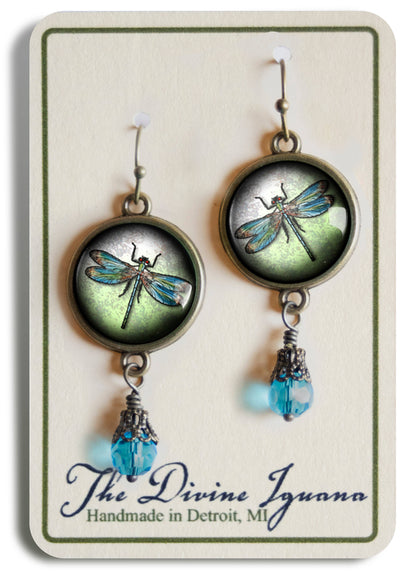 Dragonfly Vintage Inspired Glass Cabochon Earrings