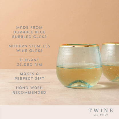 Aqua Bubble Stemless Glasses with Gold Plated Rims Set of 2