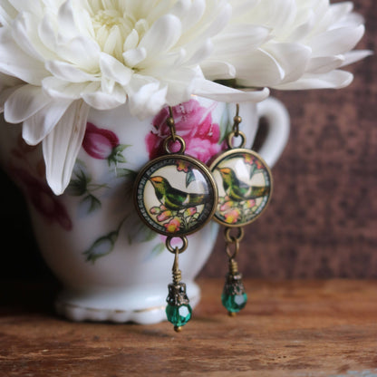 Hummingbird Vintage Inspired Glass Cabochon Earrings