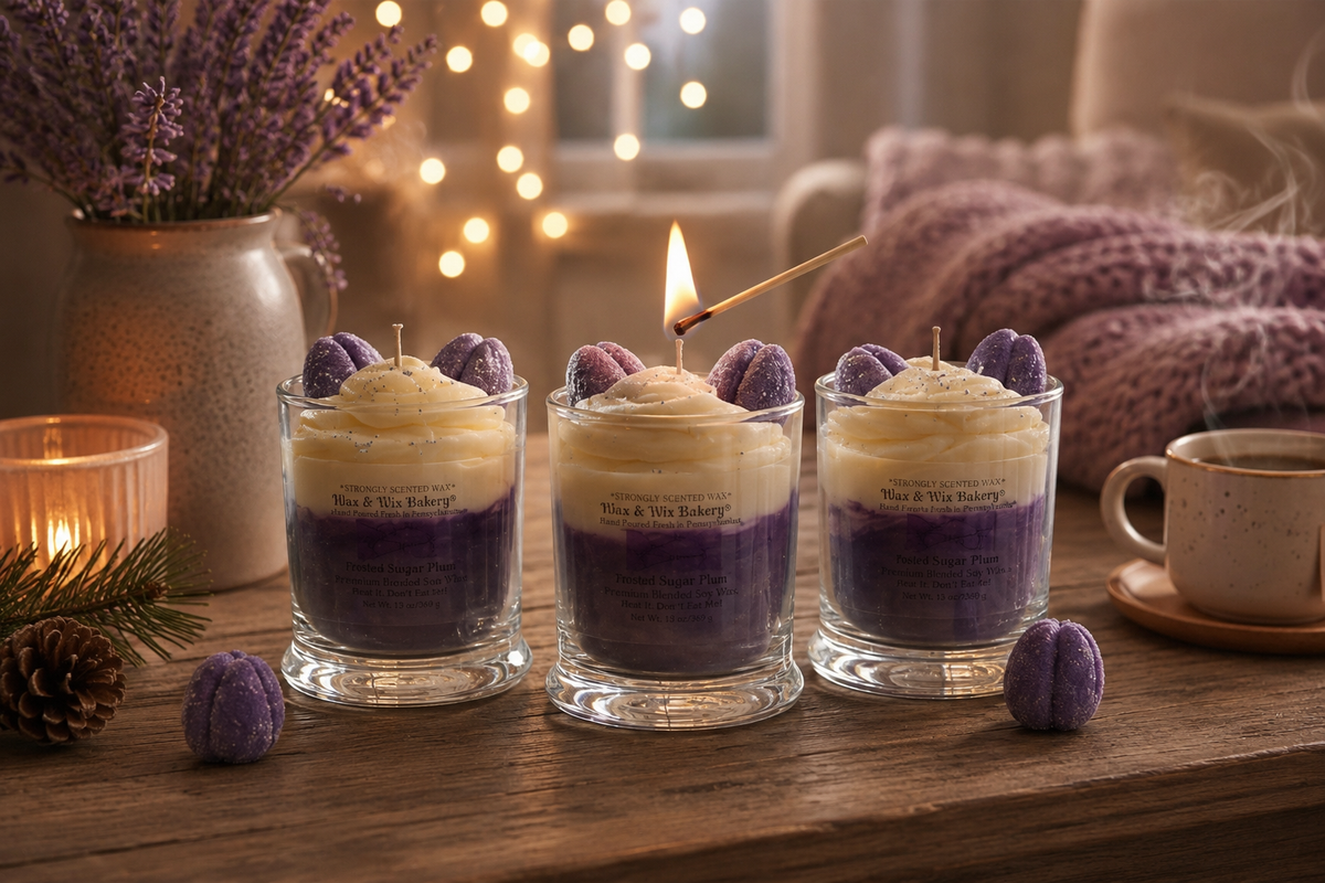 Frosted Sugar Plum Candle. 13oz. Large Soy Dessert Candle