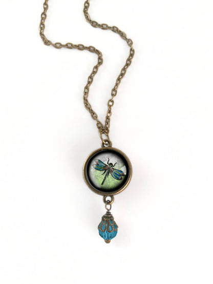 Dragonfly Vintage Inspired Glass Cabochon Necklace w/Bead