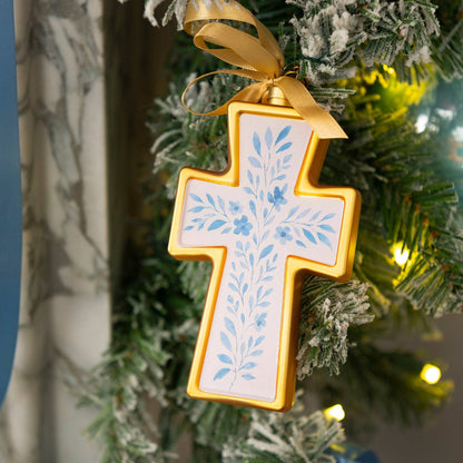 Floral Cross Blown Glass Christmas Ornament – 2026 First Edition