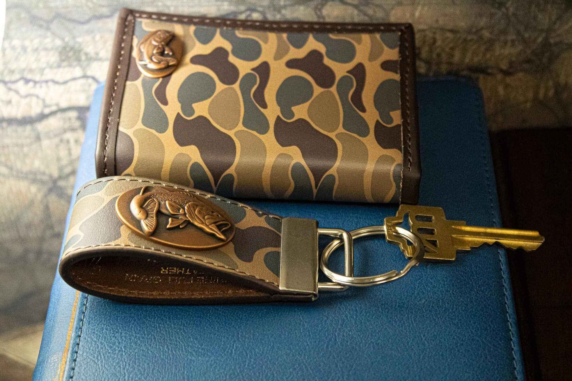 Bass Fishing Old School Camo Leather Loop Keychain.: Brown/Tan Camo