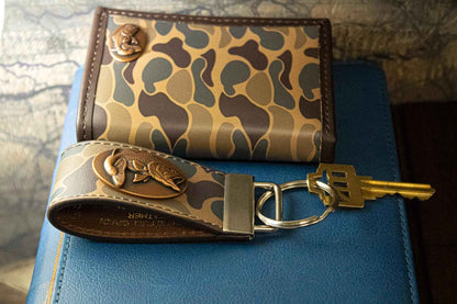 Bass Fishing Old School Camo Leather Loop Keychain.: Brown/Tan Camo