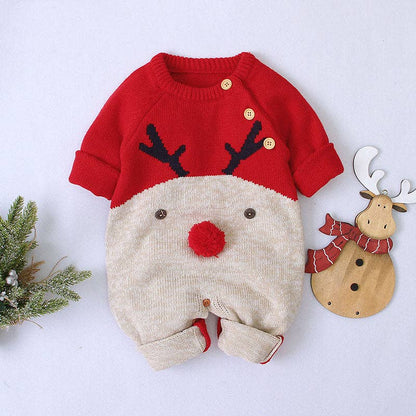 Baby Cartton Pattern Contrast Design Side Button Christmas Knitted Romper (9-12M)