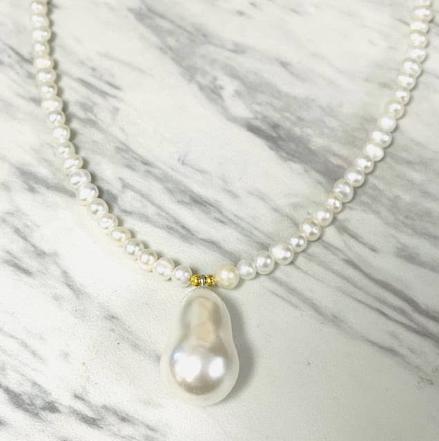 Anita K By Blushing Pink - Freshwater Pearl Necklace with Glass Baroque Drop