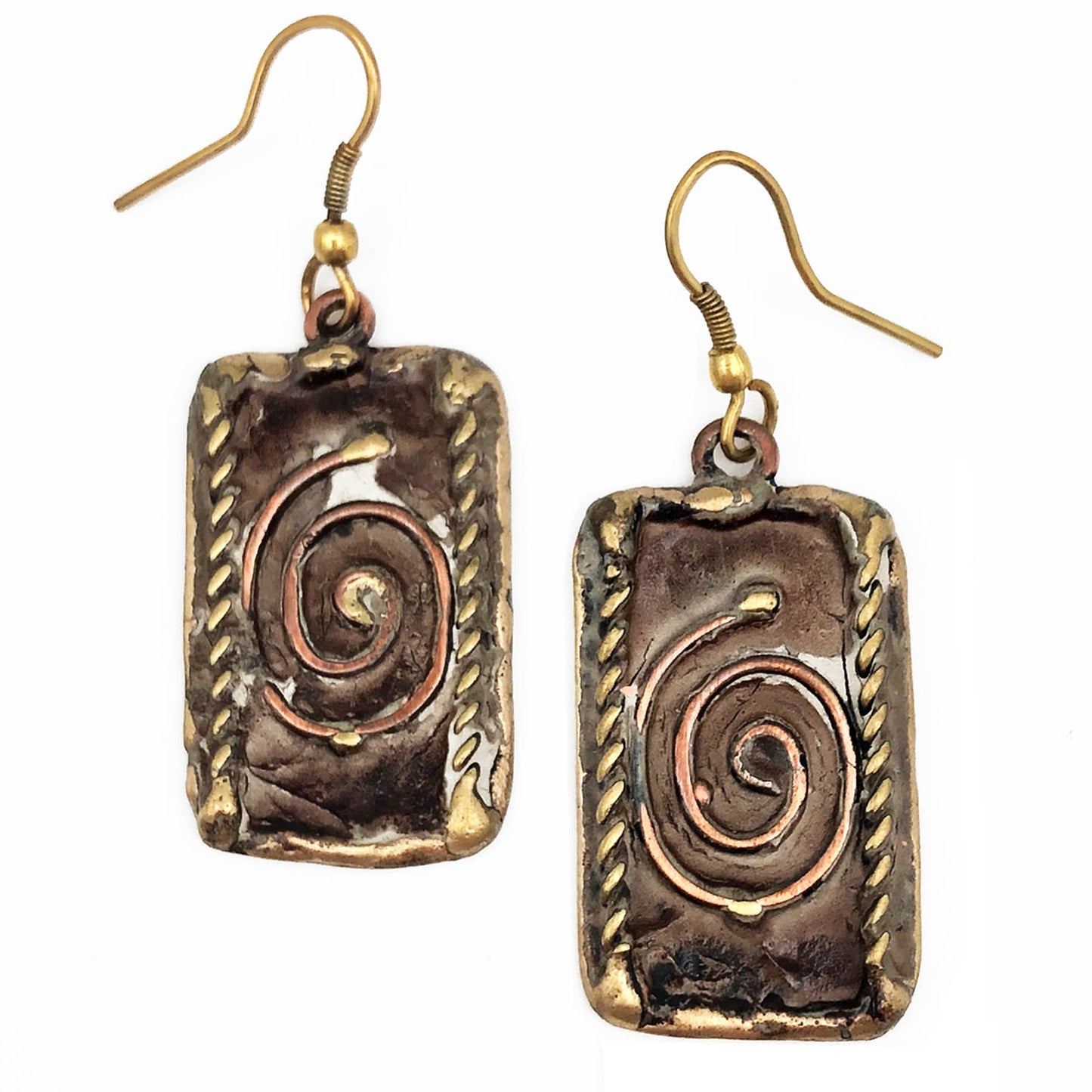Brass Patina Earrings - Brown Spiral