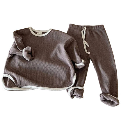 Waffle Knitted Fabric Loose Comfy Set: Brown (12-24M)