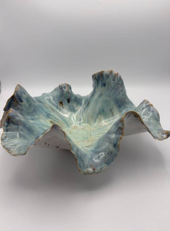 Sculptural Ceramic Ruffled Centerpiece – Oceanic Blue