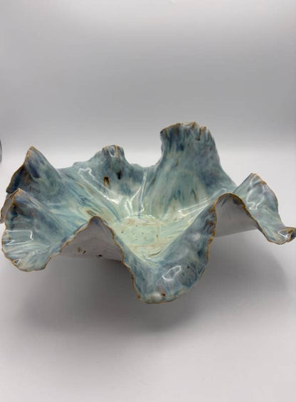 Sculptural Ceramic Ruffled Centerpiece – Oceanic Blue