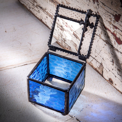 Blue Stained Glass Rosary Box With Cross