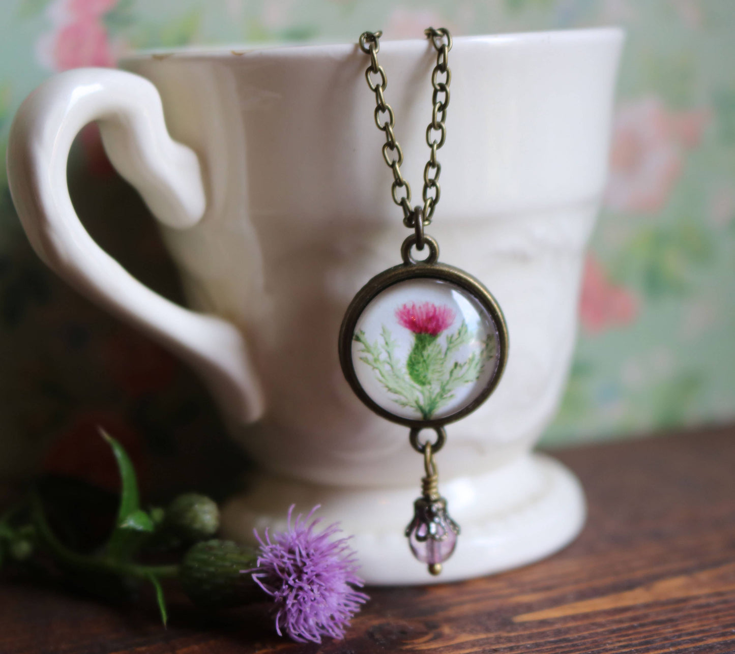 Scottish Thistle Glass Cabochon Pendant Necklace With Bead