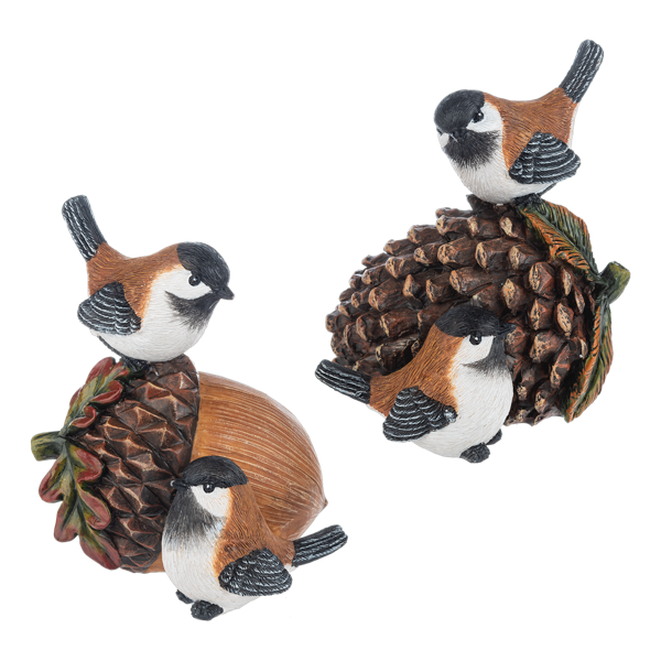 Acorn and Pinecone Bird Figurine, Two figurines, each with a pair of black-capped birds with rust-colored backs perched on an acorn and pinecone or on a large pinecone with autumn leaves.
