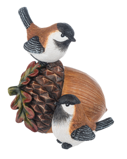 Acorn and Pinecone Bird Figurine, Two figurines, each with a pair of black-capped birds with rust-colored backs perched on an acorn and pinecone or on a large pinecone with autumn leaves.