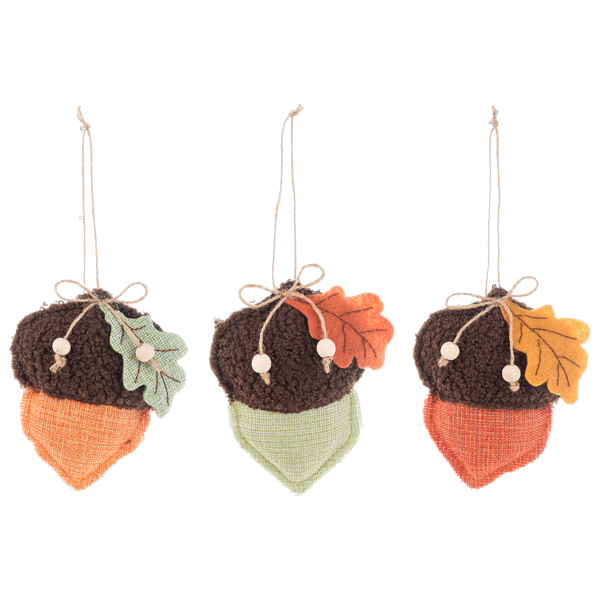 Acorn Ornament with Oak Leaf, Three acorn ornaments with nubby brown caps, oak leaves and wood beads, with orange, green and red-orange bodies.