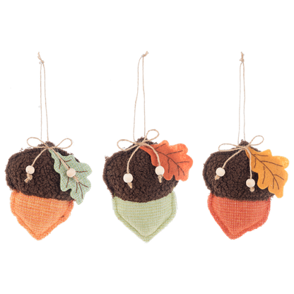 Acorn Ornament with Oak Leaf, Three acorn ornaments with nubby brown caps, oak leaves and wood beads, with orange, green and red-orange bodies.