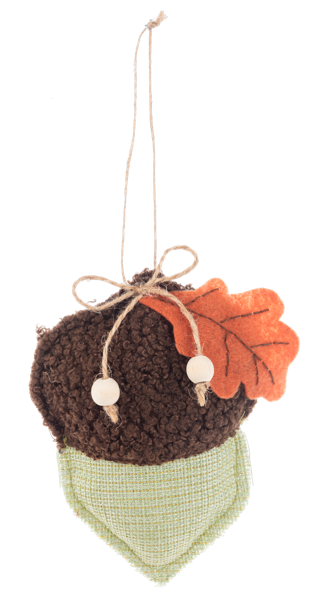 Acorn Ornament with Oak Leaf, Three acorn ornaments with nubby brown caps, oak leaves and wood beads, with orange, green and red-orange bodies.