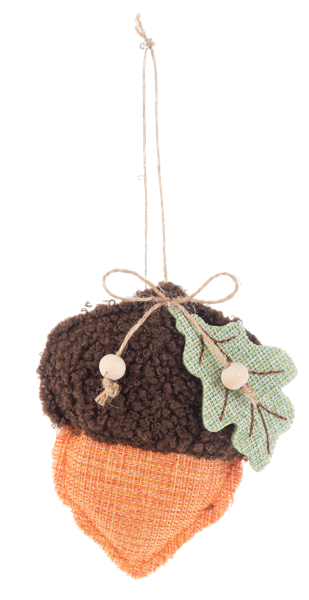 Acorn Ornament with Oak Leaf, Three acorn ornaments with nubby brown caps, oak leaves and wood beads, with orange, green and red-orange bodies.