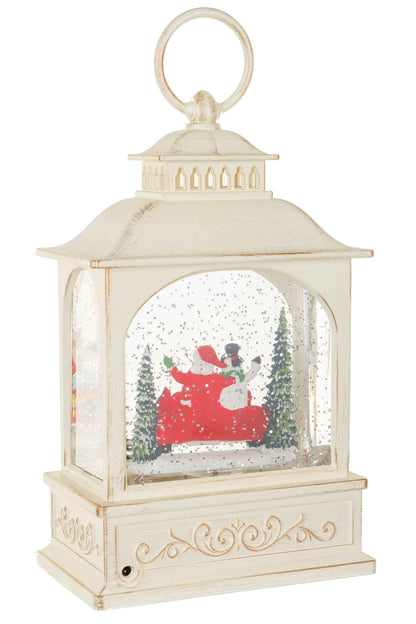 NEW-Off-White Lantern Snow Globe with Santa's Sports Car