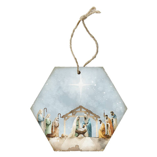 Watercolor Nativity Scene, Honeycomb Ornament