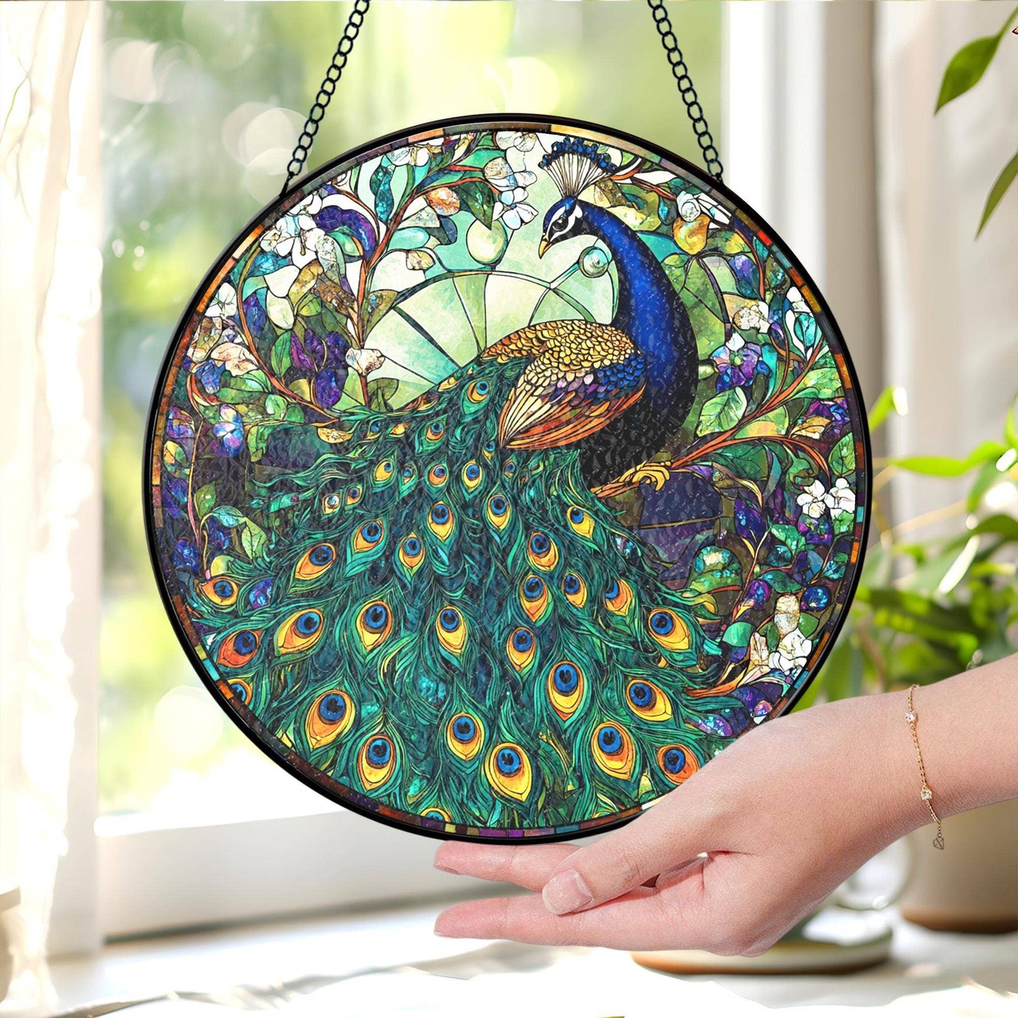 Peacock Stained Glass Suncatcher, Peacock Flowers Decor