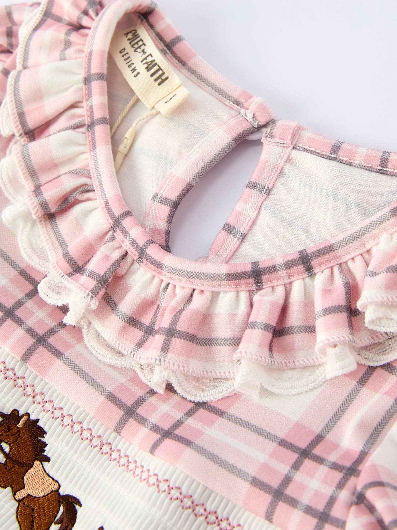 Western Horse Embroidered Smocked Plaid Girls Dress: 4