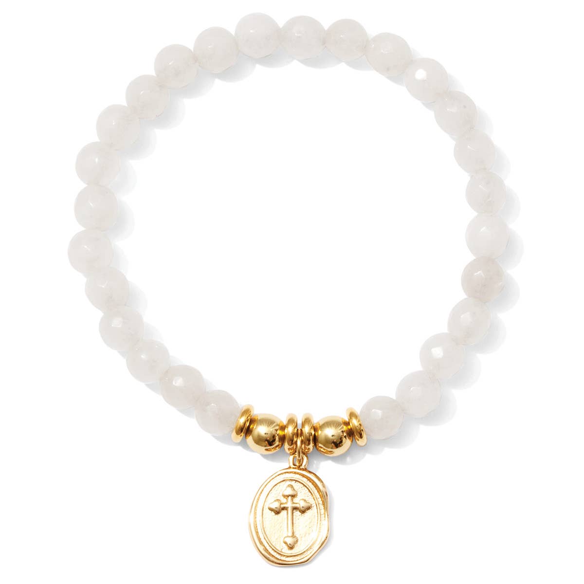 Pulsera de piedra elástica con dije de cruz ovalada
