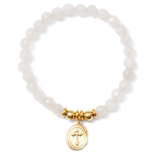 Pulsera de piedra elástica con dije de cruz ovalada